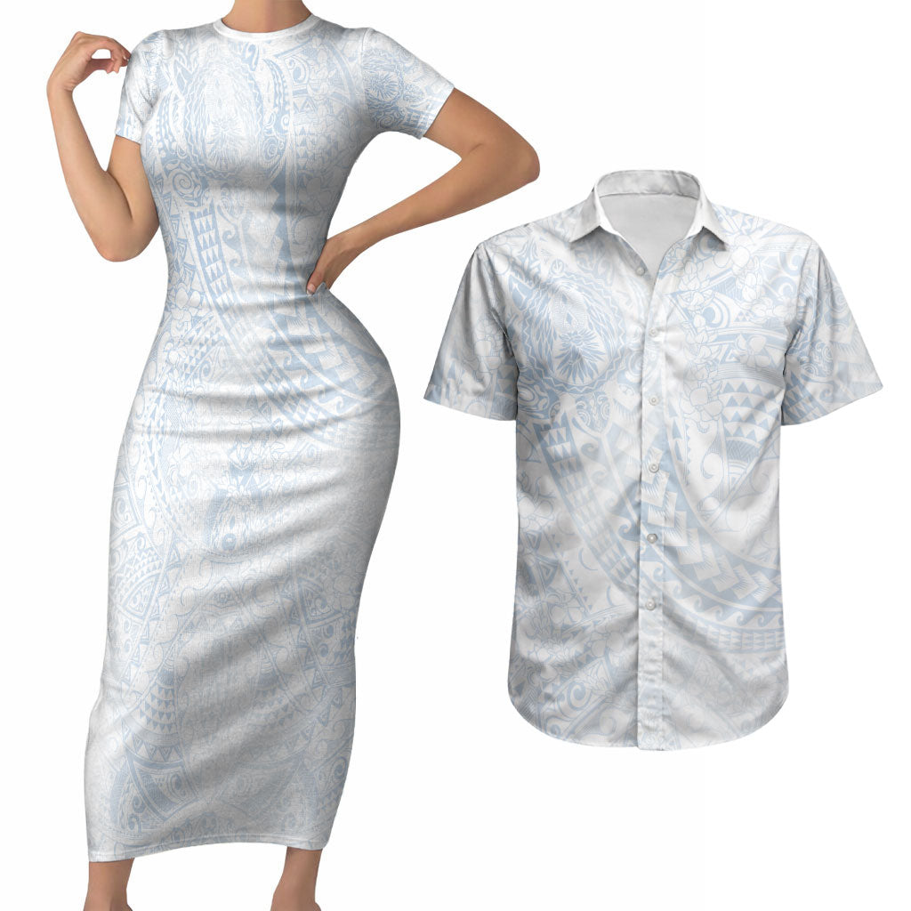 Hawaiian Turtles and Leis Couples Matching Short Sleeve Bodycon Dress and Hawaiian Shirt Tribal Kakau Pattern Airy White Blue Cloud Vibe LT03 White - Polynesian Pride