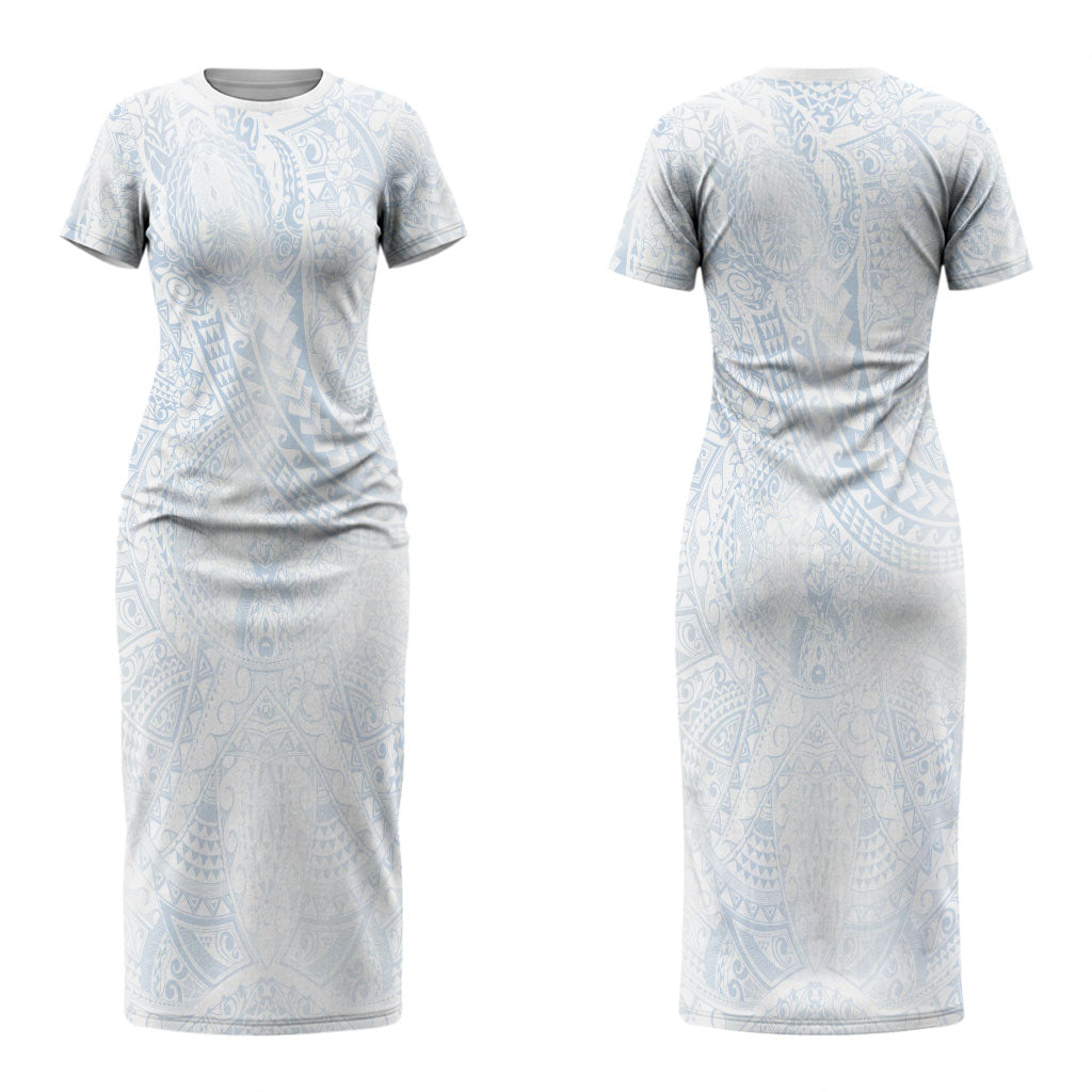 Hawaiian Turtles and Leis Couples Matching Short Sleeve Bodycon Dress and Hawaiian Shirt Tribal Kakau Pattern Airy White Blue Cloud Vibe LT03 - Polynesian Pride