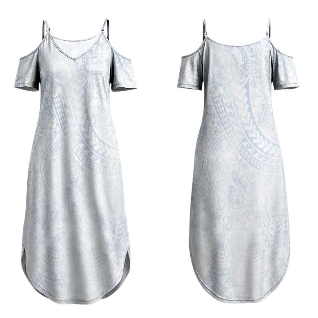Hawaiian Turtles and Leis Couples Matching Summer Maxi Dress and Long Sleeve Button Shirt Tribal Kakau Pattern Airy White Blue Cloud Vibe LT03 - Polynesian Pride