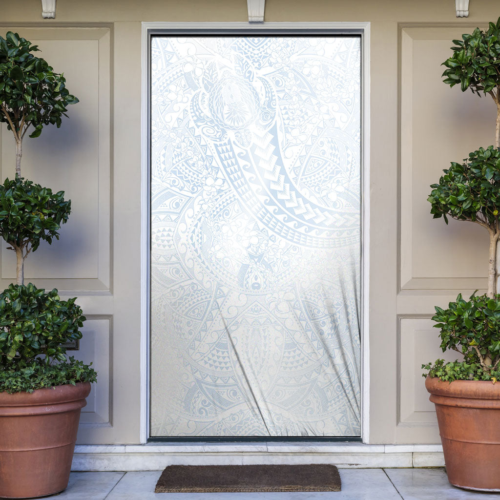 Hawaiian Turtles and Leis Door Cover Tribal Kakau Pattern Airy White Blue Cloud Vibe