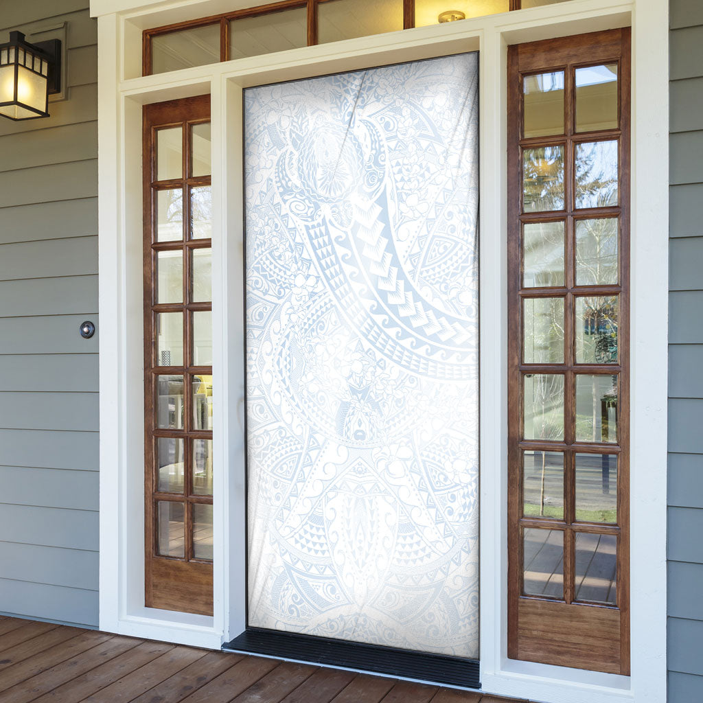 Hawaiian Turtles and Leis Door Cover Tribal Kakau Pattern Airy White Blue Cloud Vibe