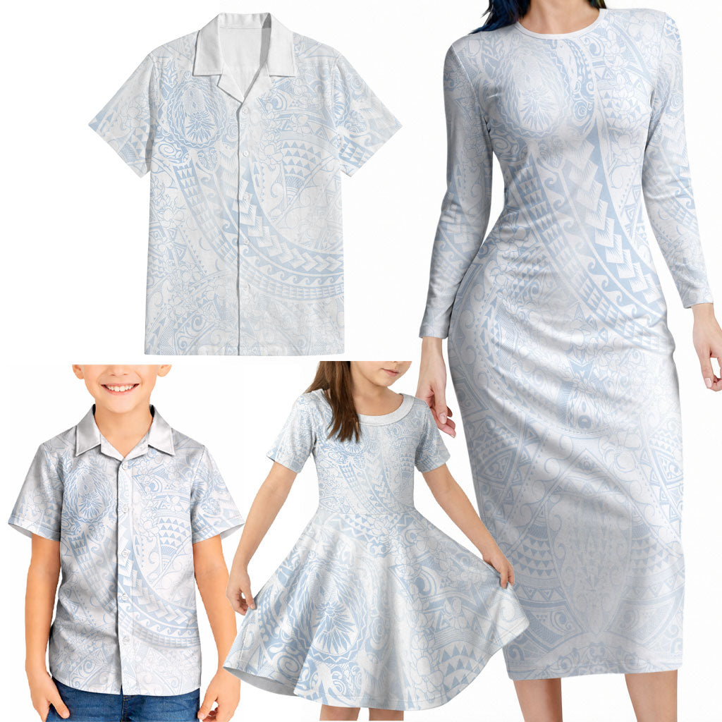 Hawaiian Turtles and Leis Family Matching Long Sleeve Bodycon Dress and Hawaiian Shirt Tribal Kakau Pattern Airy White Blue Cloud Vibe LT03 - Polynesian Pride