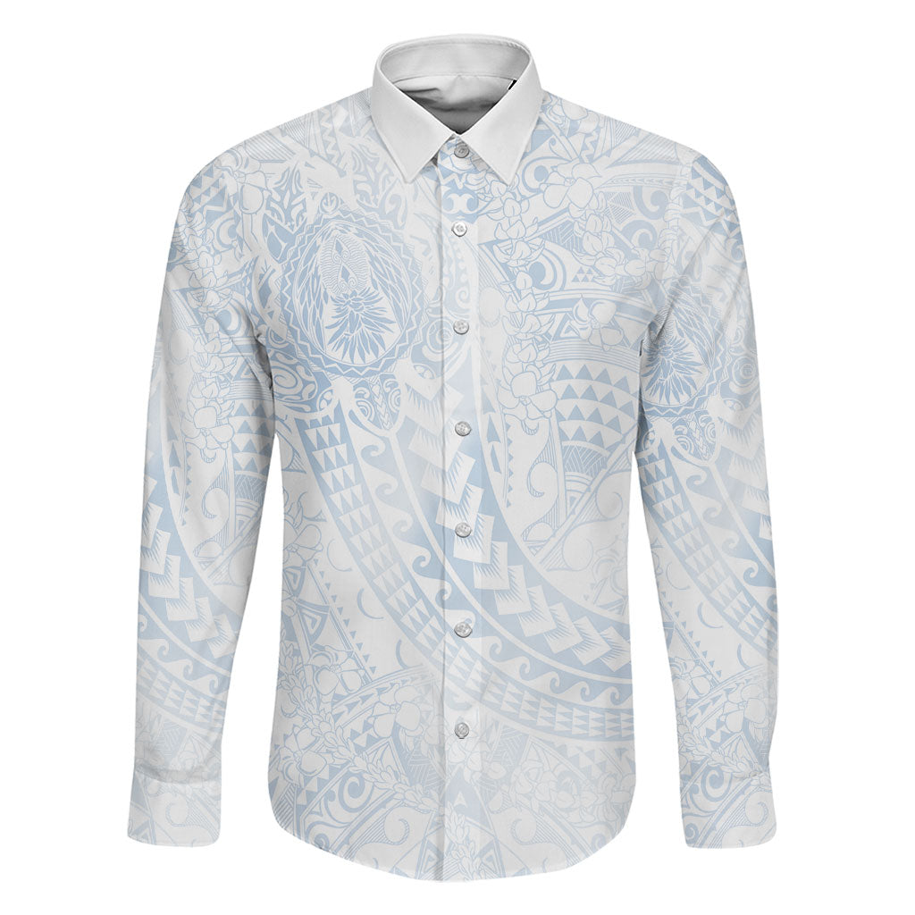 Hawaiian Turtles and Leis Family Matching Long Sleeve Bodycon Dress and Hawaiian Shirt Tribal Kakau Pattern Airy White Blue Cloud Vibe