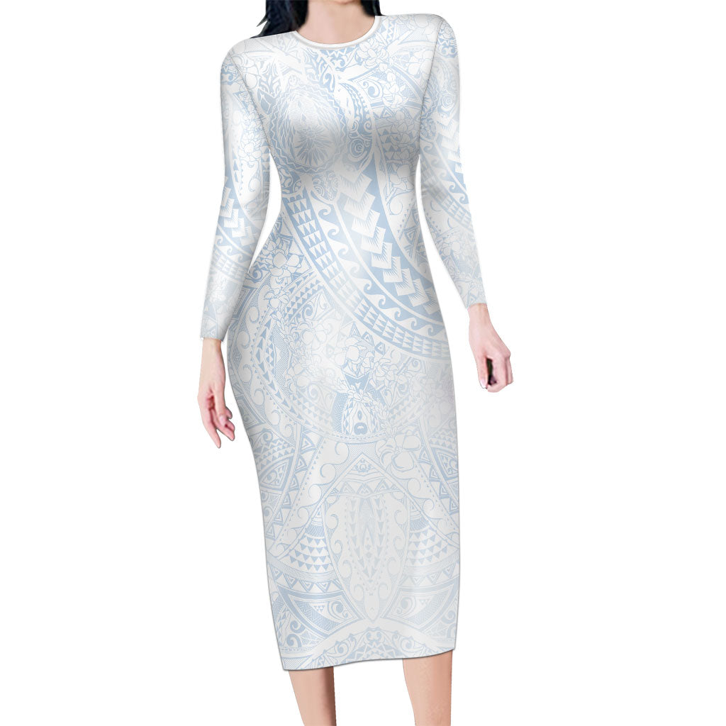 Hawaiian Turtles and Leis Family Matching Long Sleeve Bodycon Dress and Hawaiian Shirt Tribal Kakau Pattern Airy White Blue Cloud Vibe