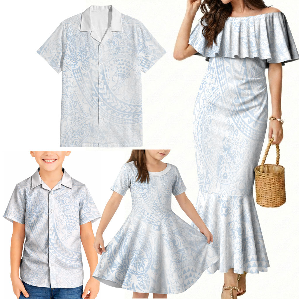 Hawaiian Turtles and Leis Family Matching Mermaid Dress and Hawaiian Shirt Tribal Kakau Pattern Airy White Blue Cloud Vibe LT03 - Polynesian Pride