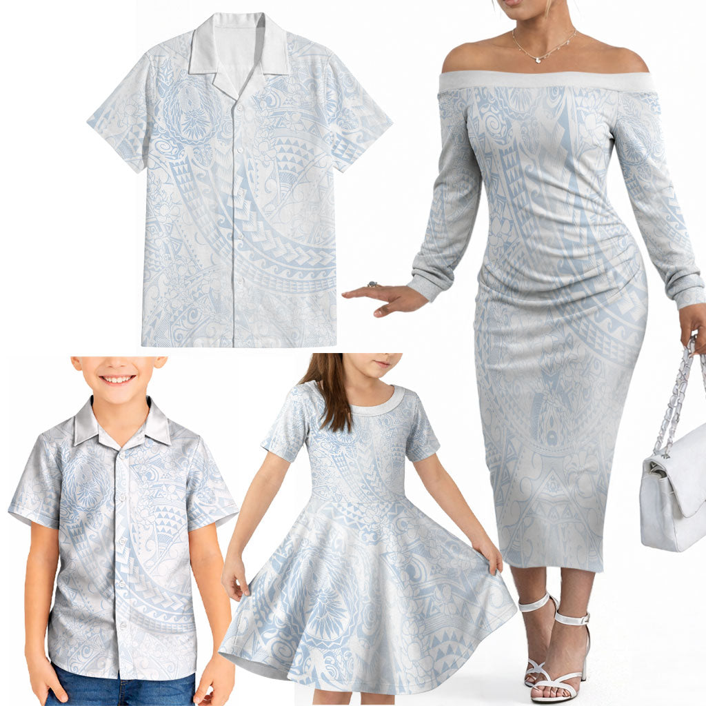Hawaiian Turtles and Leis Family Matching Off The Shoulder Long Sleeve Dress and Hawaiian Shirt Tribal Kakau Pattern Airy White Blue Cloud Vibe LT03 - Polynesian Pride