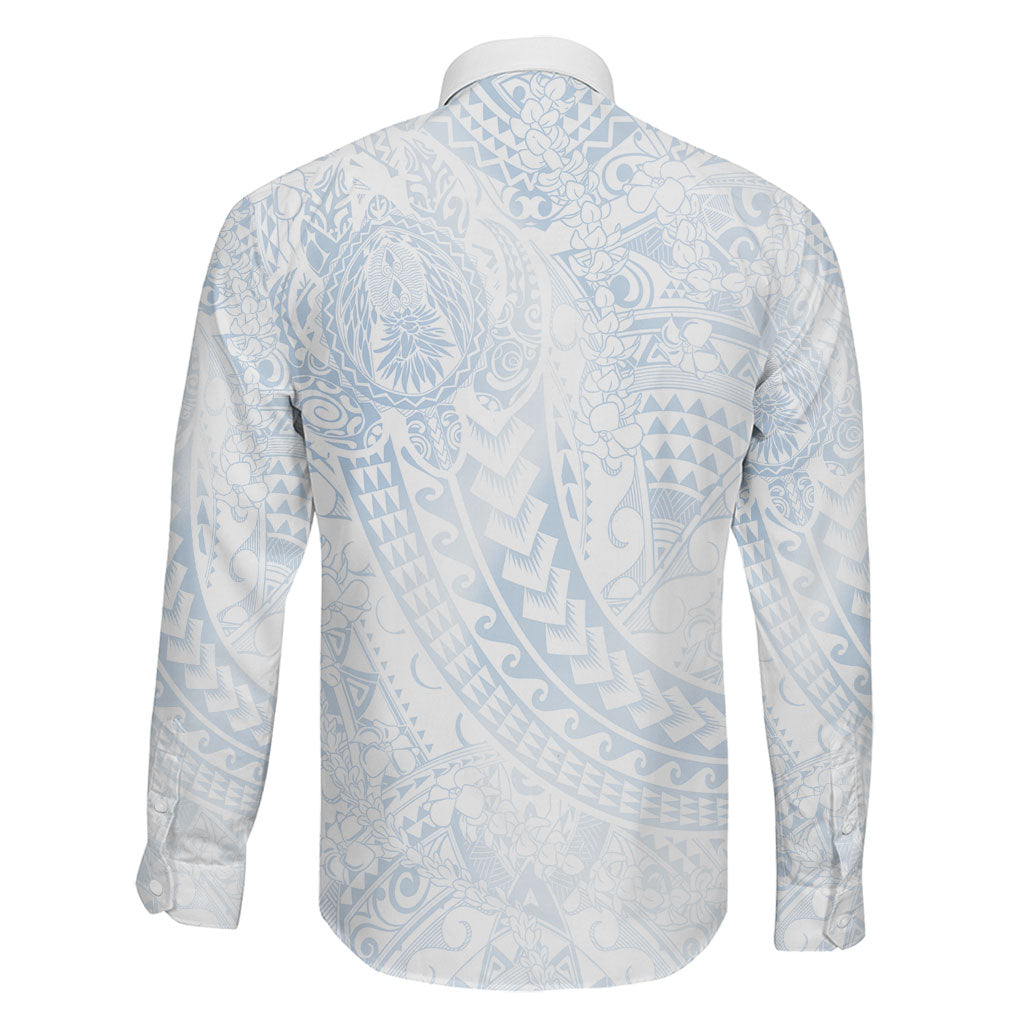Hawaiian Turtles and Leis Family Matching Off The Shoulder Long Sleeve Dress and Hawaiian Shirt Tribal Kakau Pattern Airy White Blue Cloud Vibe