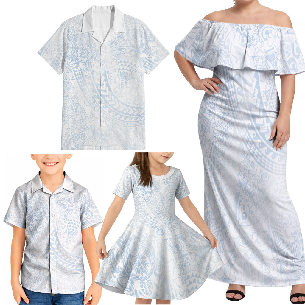 Hawaiian Turtles and Leis Family Matching Off Shoulder Maxi Dress and Hawaiian Shirt Tribal Kakau Pattern Airy White Blue Cloud Vibe LT03 - Polynesian Pride