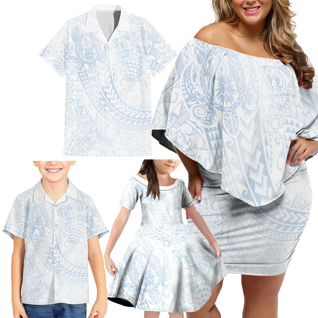 Hawaiian Turtles and Leis Family Matching Off Shoulder Short Dress and Hawaiian Shirt Tribal Kakau Pattern Airy White Blue Cloud Vibe
