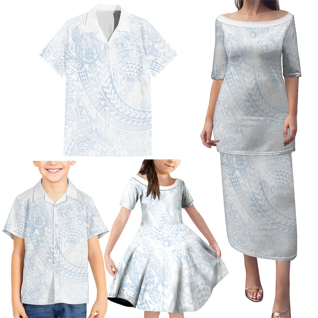 Hawaiian Turtles and Leis Family Matching Puletasi and Hawaiian Shirt Tribal Kakau Pattern Airy White Blue Cloud Vibe