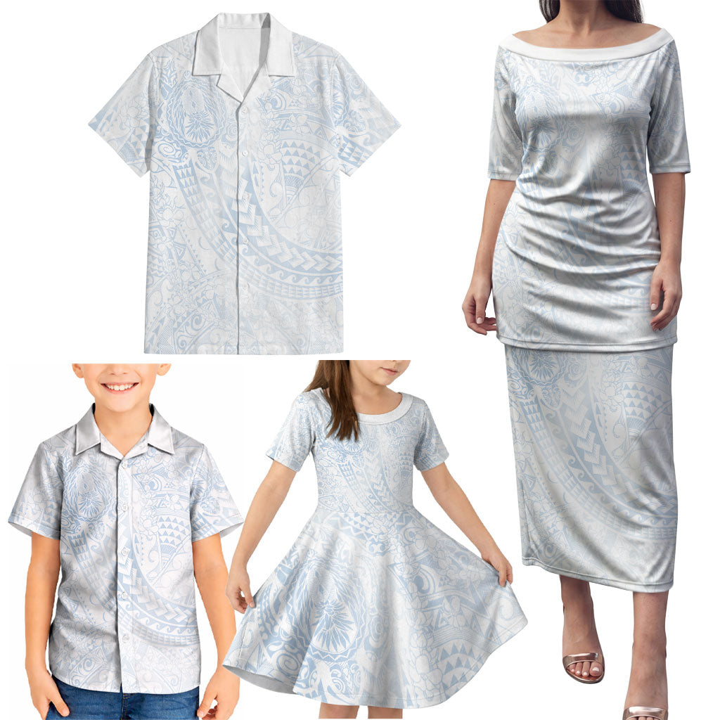 Hawaiian Turtles and Leis Family Matching Puletasi and Hawaiian Shirt Tribal Kakau Pattern Airy White Blue Cloud Vibe LT03 - Polynesian Pride