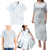Hawaiian Turtles and Leis Family Matching Puletasi and Hawaiian Shirt Tribal Kakau Pattern Airy White Blue Cloud Vibe