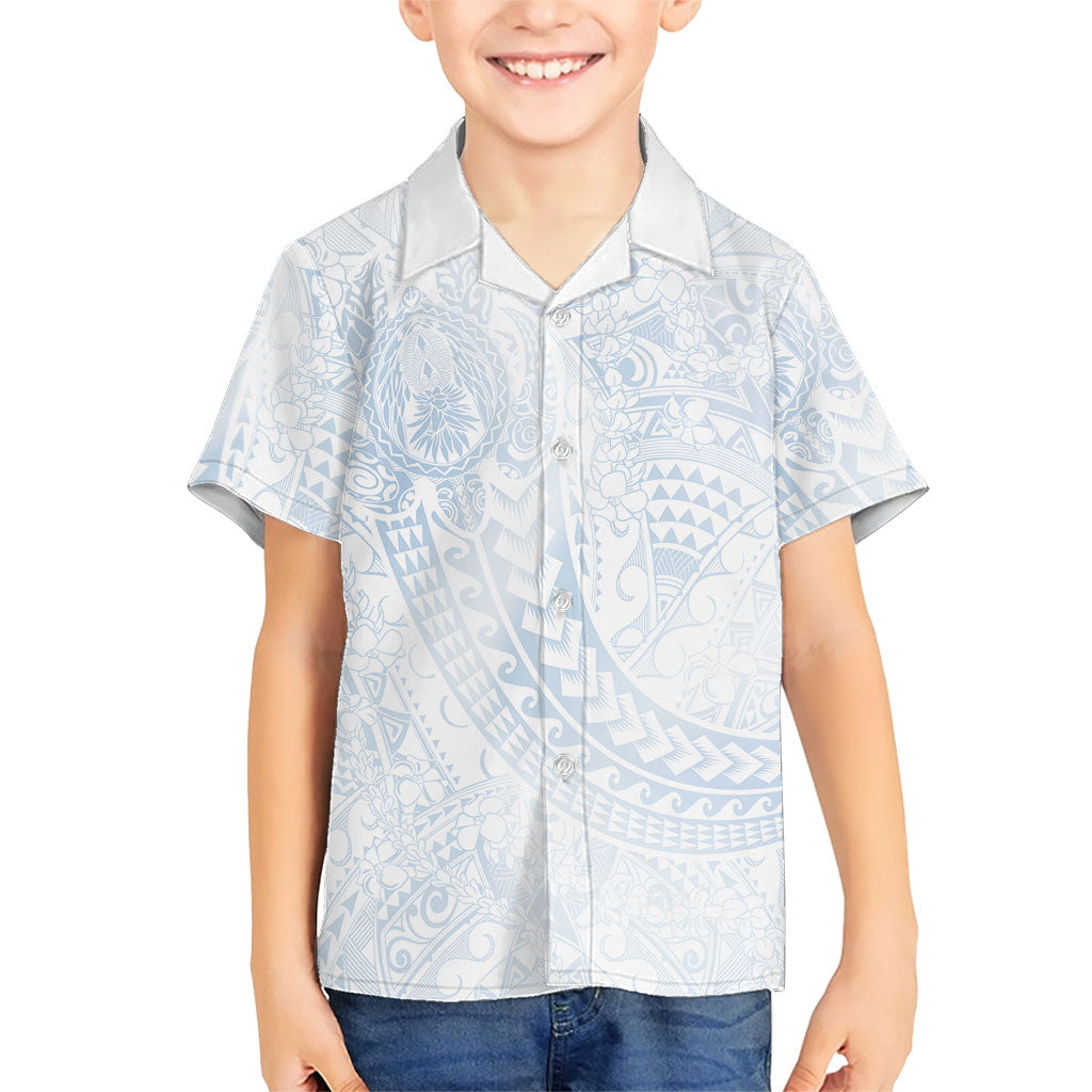 Hawaiian Turtles and Leis Family Matching Puletasi and Hawaiian Shirt Tribal Kakau Pattern Airy White Blue Cloud Vibe