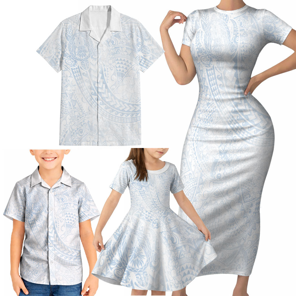 Hawaiian Turtles and Leis Family Matching Short Sleeve Bodycon Dress and Hawaiian Shirt Tribal Kakau Pattern Airy White Blue Cloud Vibe LT03 - Polynesian Pride