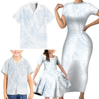 Hawaiian Turtles and Leis Family Matching Short Sleeve Bodycon Dress and Hawaiian Shirt Tribal Kakau Pattern Airy White Blue Cloud Vibe