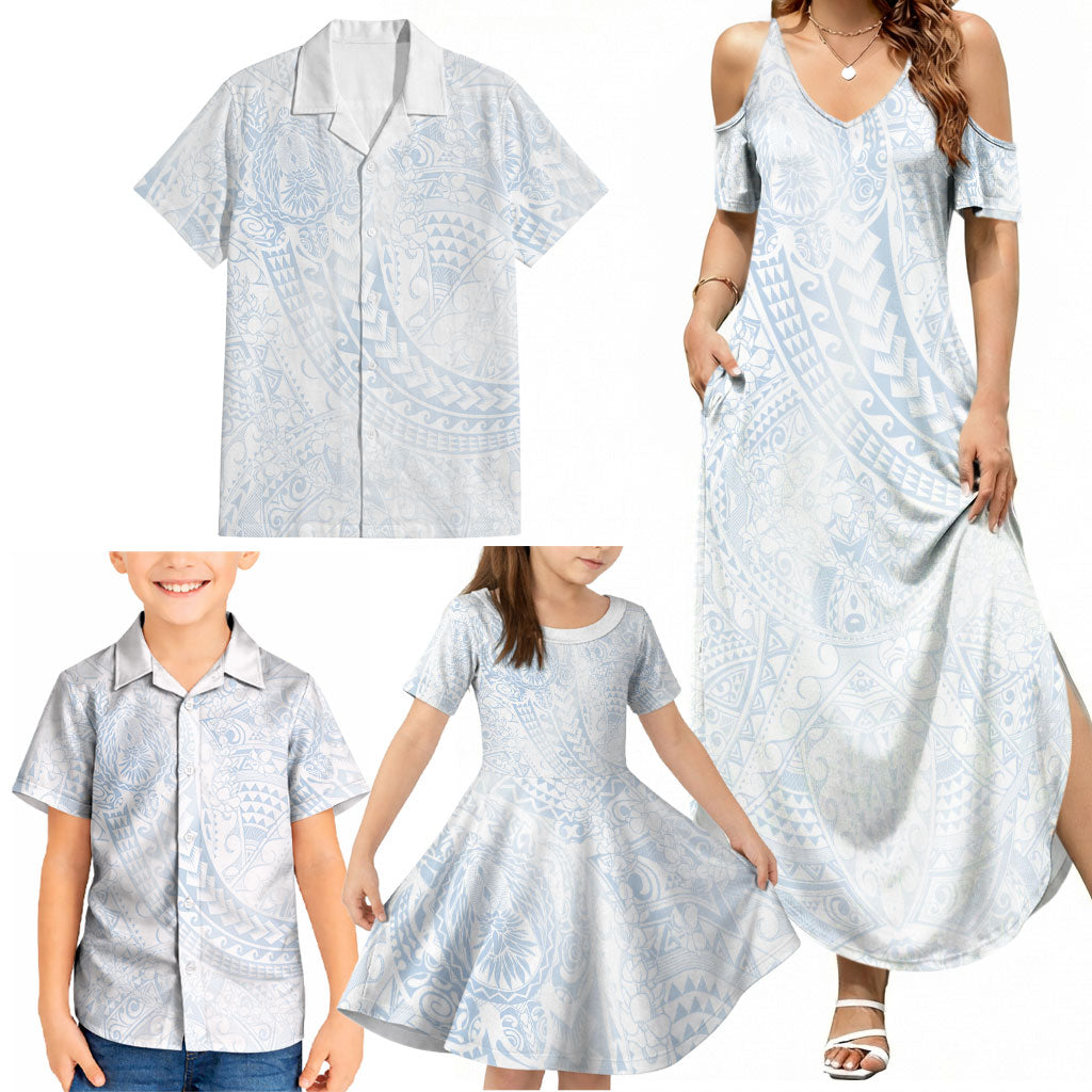 Hawaiian Turtles and Leis Family Matching Summer Maxi Dress and Hawaiian Shirt Tribal Kakau Pattern Airy White Blue Cloud Vibe LT03 - Polynesian Pride