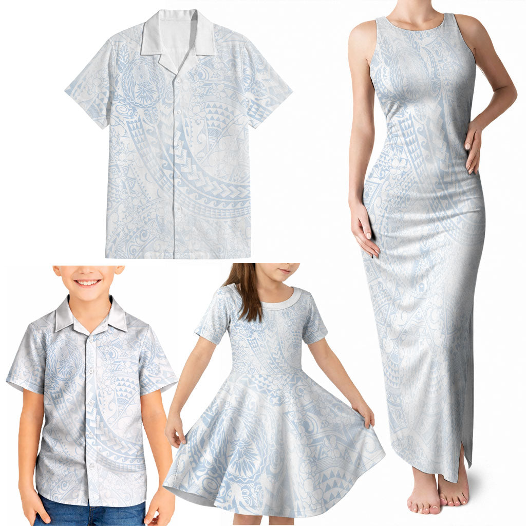 Hawaiian Turtles and Leis Family Matching Tank Maxi Dress and Hawaiian Shirt Tribal Kakau Pattern Airy White Blue Cloud Vibe LT03 - Polynesian Pride