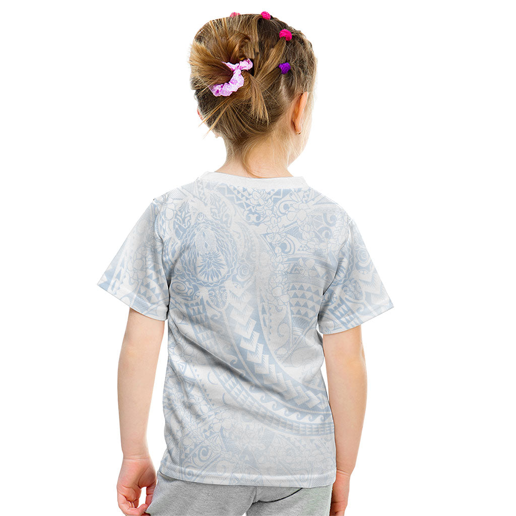 Hawaiian Turtles and Leis Kid T Shirt Tribal Kakau Pattern Airy White Blue Cloud Vibe