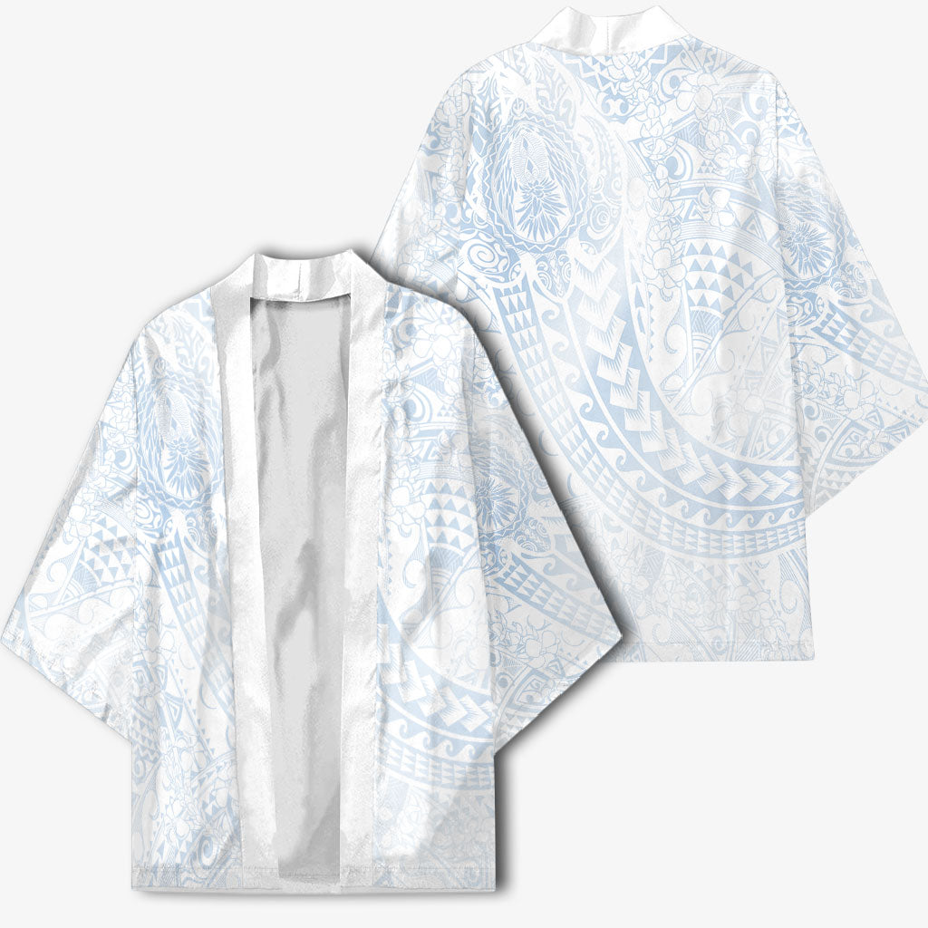 Hawaiian Turtles and Leis Kimono Tribal Kakau Pattern Airy White Blue Cloud Vibe