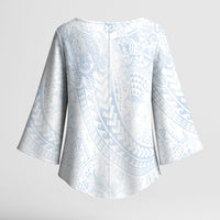 Hawaiian Turtles and Leis Kimono Sleeve Blouse Tribal Kakau Pattern Airy White Blue Cloud Vibe