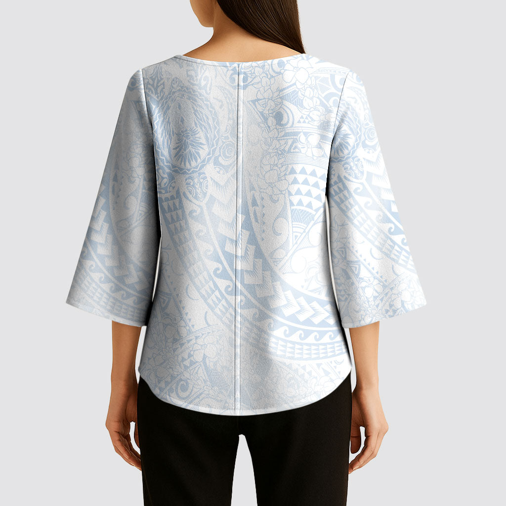 Hawaiian Turtles and Leis Kimono Sleeve Blouse Tribal Kakau Pattern Airy White Blue Cloud Vibe