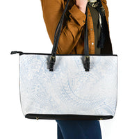 Hawaiian Turtles and Leis Leather Tote Bag Tribal Kakau Pattern Airy White Blue Cloud Vibe