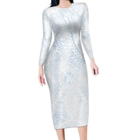 Hawaiian Turtles and Leis Long Sleeve Bodycon Dress Tribal Kakau Pattern Airy White Blue Cloud Vibe