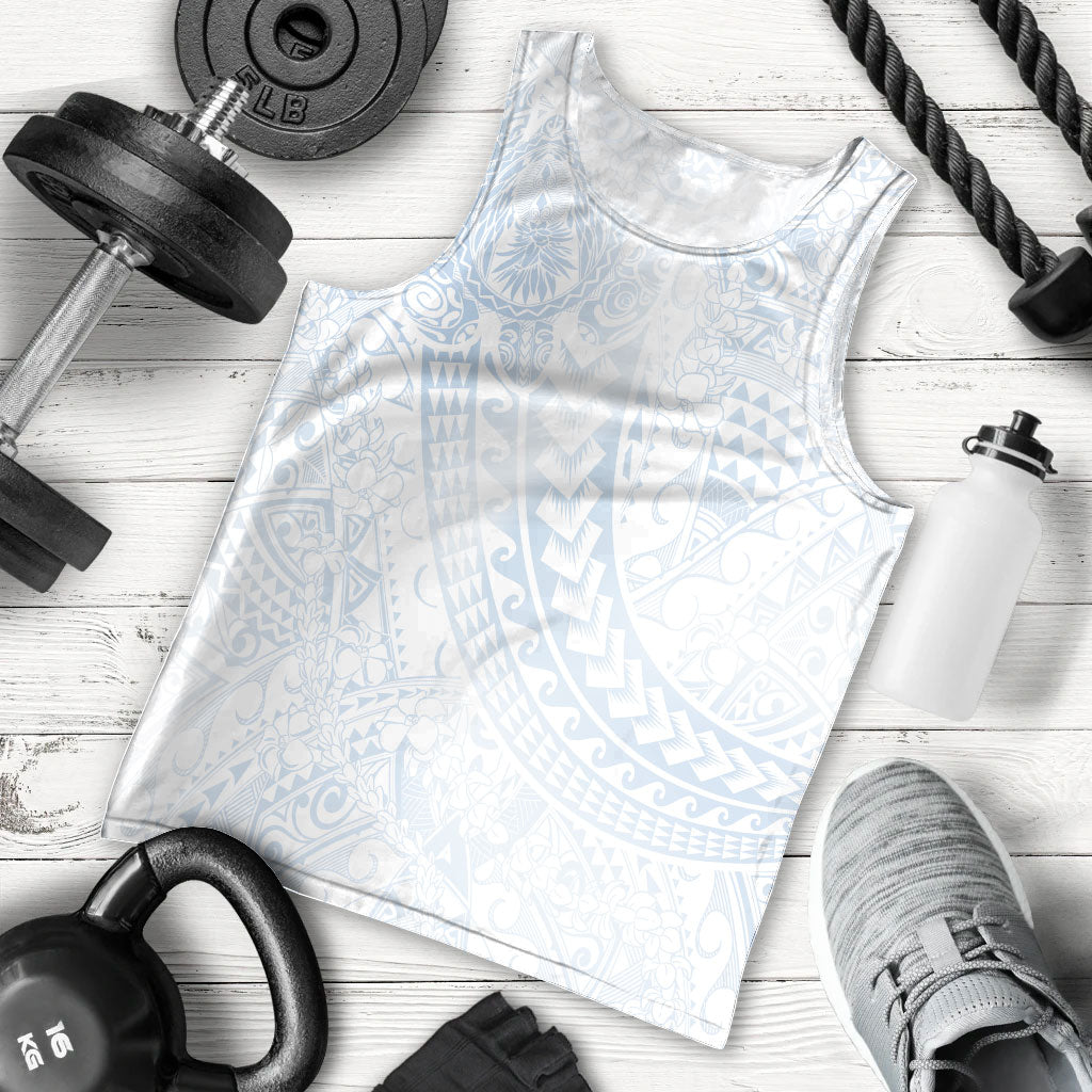 Hawaiian Turtles and Leis Men Tank Top Tribal Kakau Pattern Airy White Blue Cloud Vibe