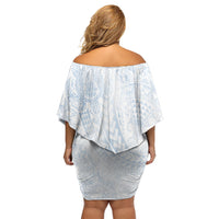 Hawaiian Turtles and Leis Off Shoulder Short Dress Tribal Kakau Pattern Airy White Blue Cloud Vibe
