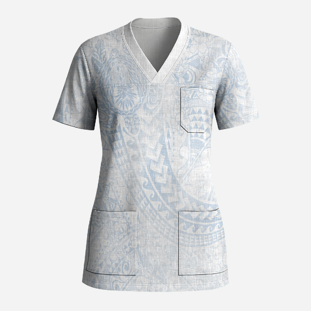 Hawaiian Turtles and Leis Scrub Top Tribal Kakau Pattern Airy White Blue Cloud Vibe