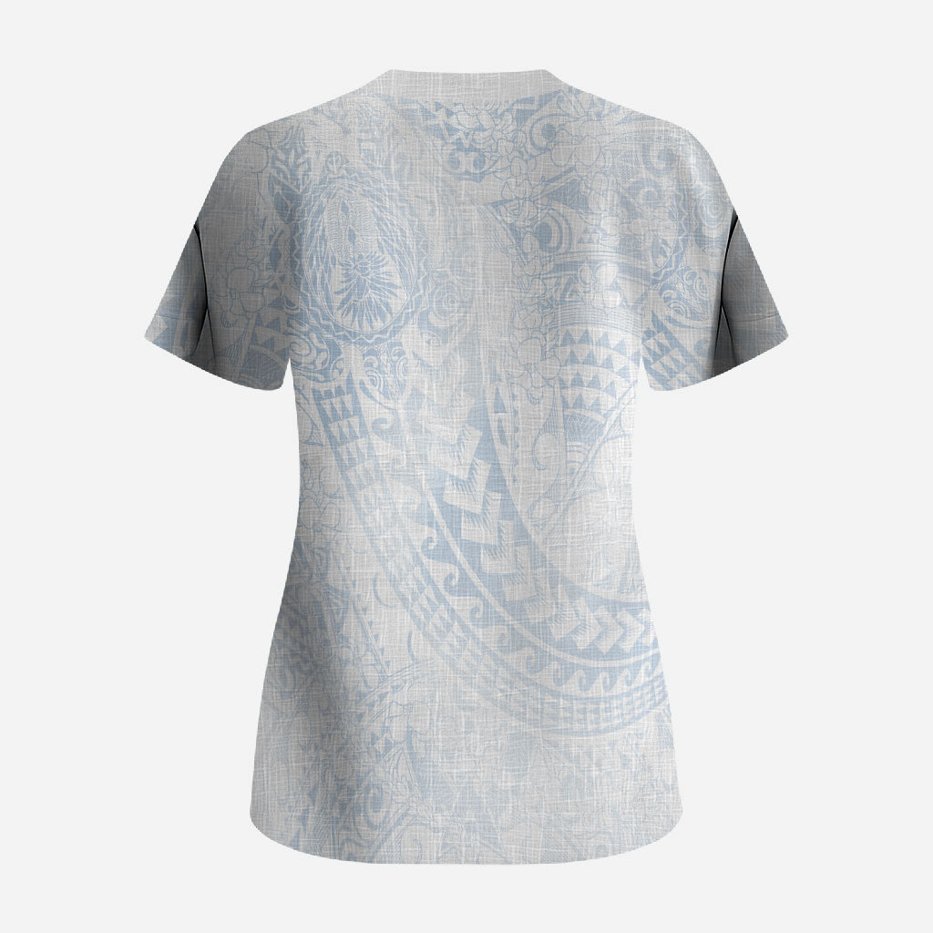 Hawaiian Turtles and Leis Scrub Top Tribal Kakau Pattern Airy White Blue Cloud Vibe