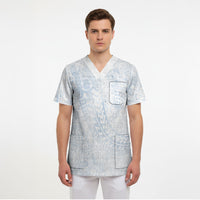 Hawaiian Turtles and Leis Scrub Top Tribal Kakau Pattern Airy White Blue Cloud Vibe