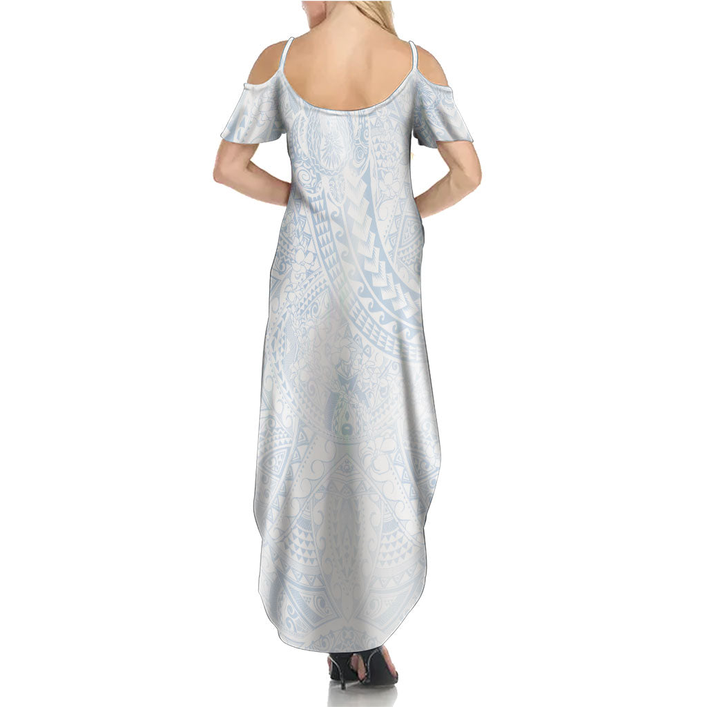 Hawaiian Turtles and Leis Summer Maxi Dress Tribal Kakau Pattern Airy White Blue Cloud Vibe