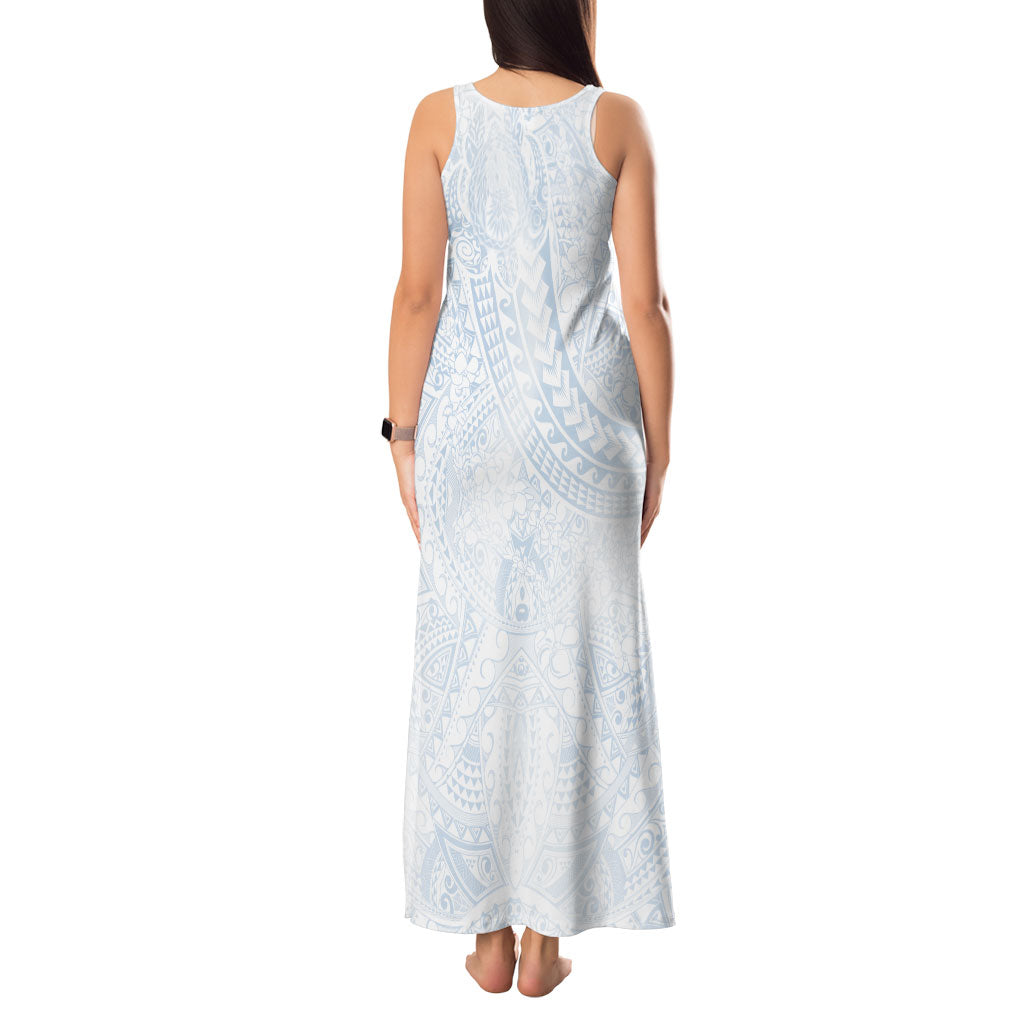 Hawaiian Turtles and Leis Tank Maxi Dress Tribal Kakau Pattern Airy White Blue Cloud Vibe