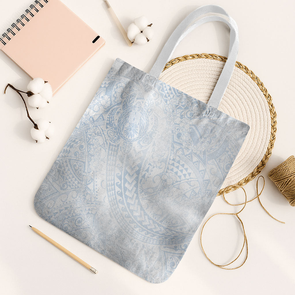 Hawaiian Turtles and Leis Tote Bag Tribal Kakau Pattern Airy White Blue Cloud Vibe