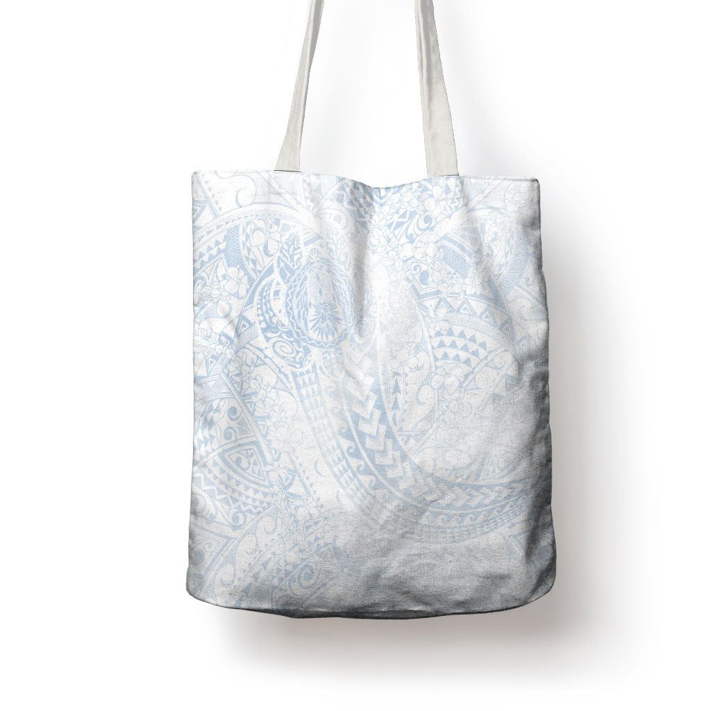 Hawaiian Turtles and Leis Tote Bag Tribal Kakau Pattern Airy White Blue Cloud Vibe