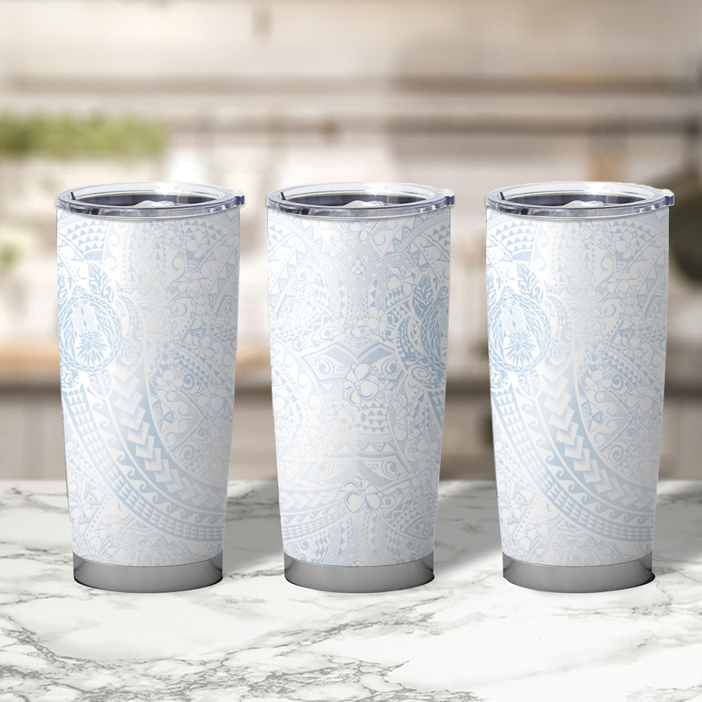 Hawaiian Turtles and Leis Tumbler Cup Tribal Kakau Pattern Airy White Blue Cloud Vibe