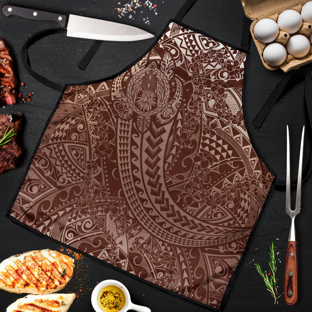 Hawaiian Turtles and Leis Apron Tribal Kakau Pattern Mocha Mousse Color