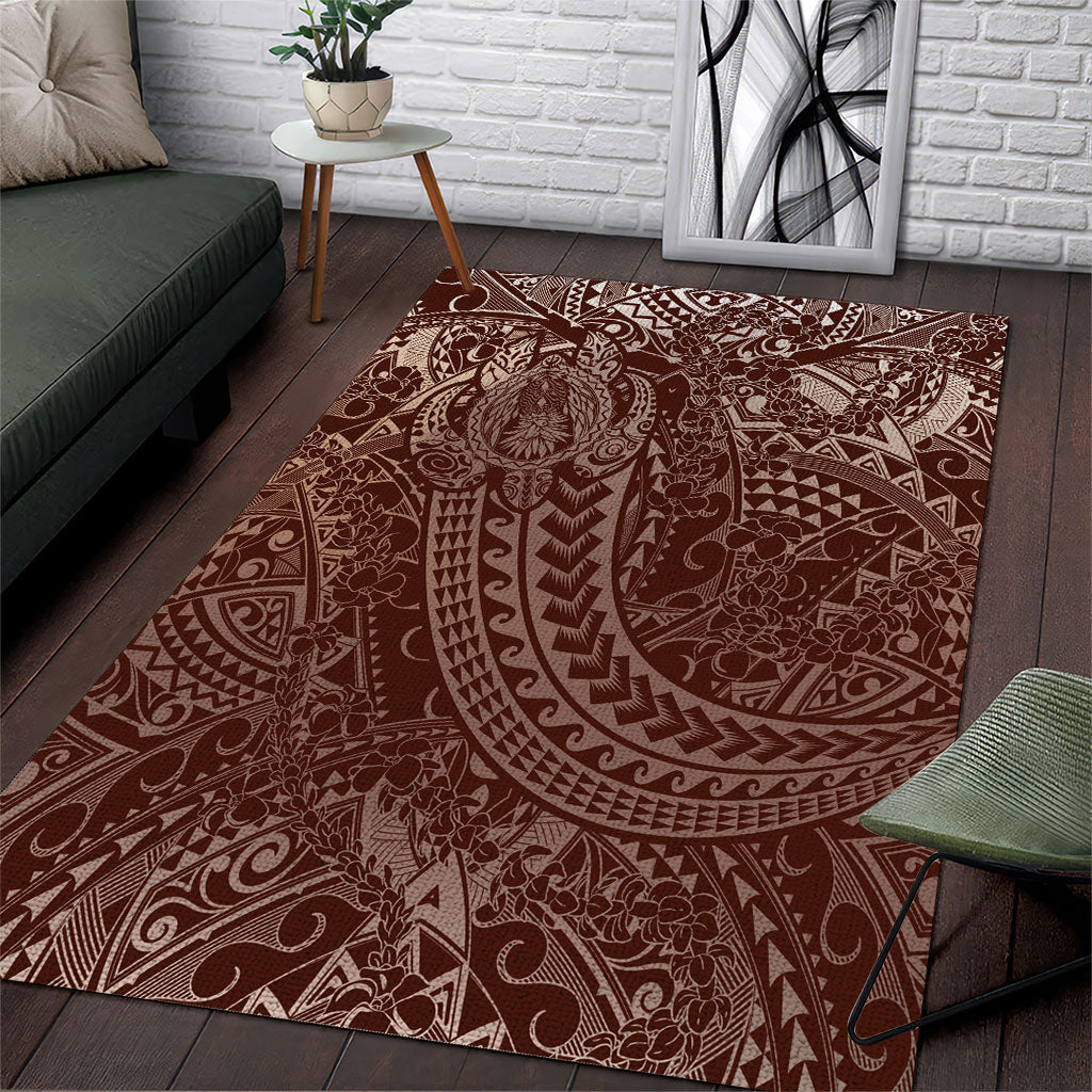 Hawaiian Turtles and Leis Area Rug Tribal Kakau Pattern Mocha Mousse Color