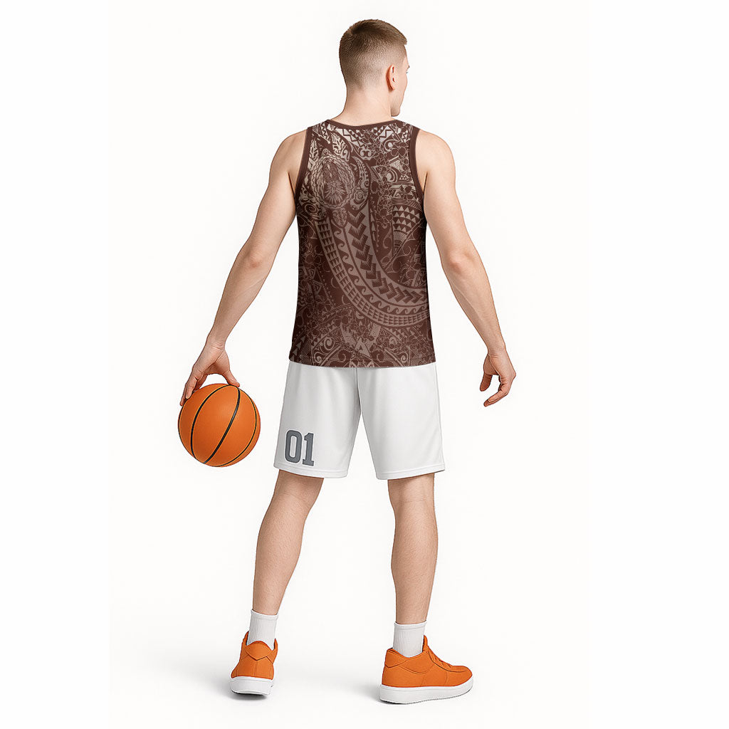Hawaiian Turtles and Leis Basketball Jersey Tribal Kakau Pattern Mocha Mousse Color