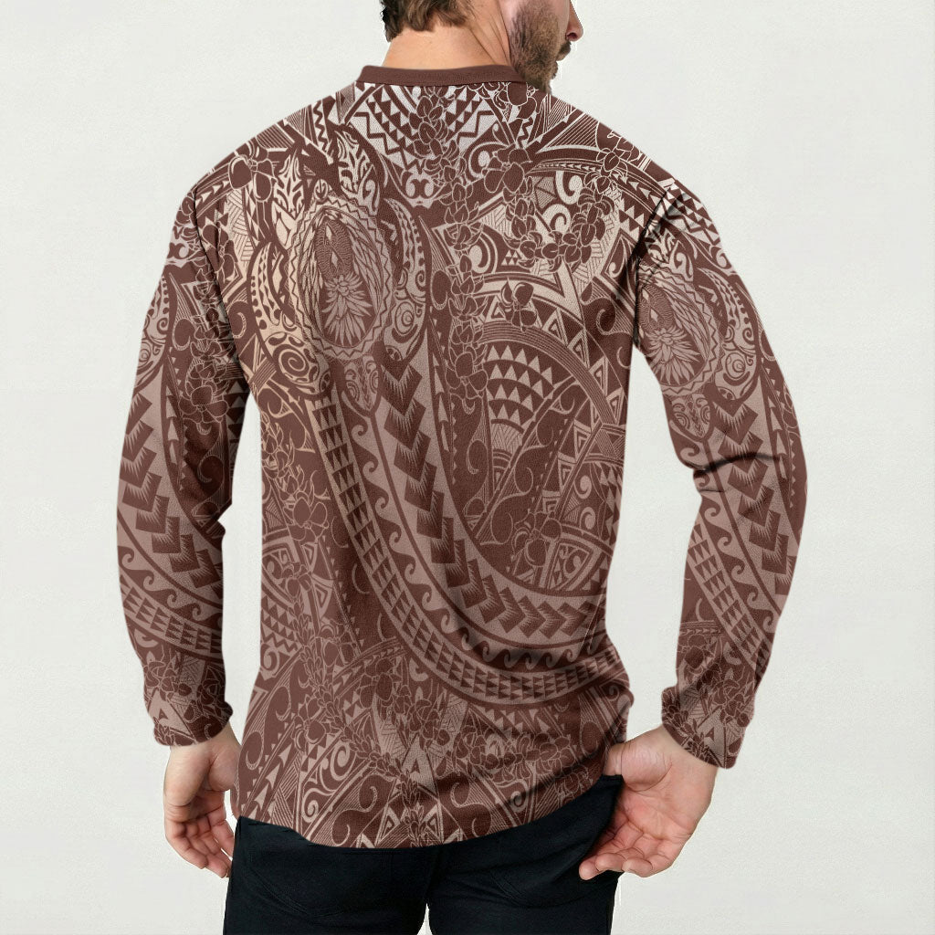 Hawaiian Turtles and Leis Button Sweatshirt Tribal Kakau Pattern Mocha Mousse Color