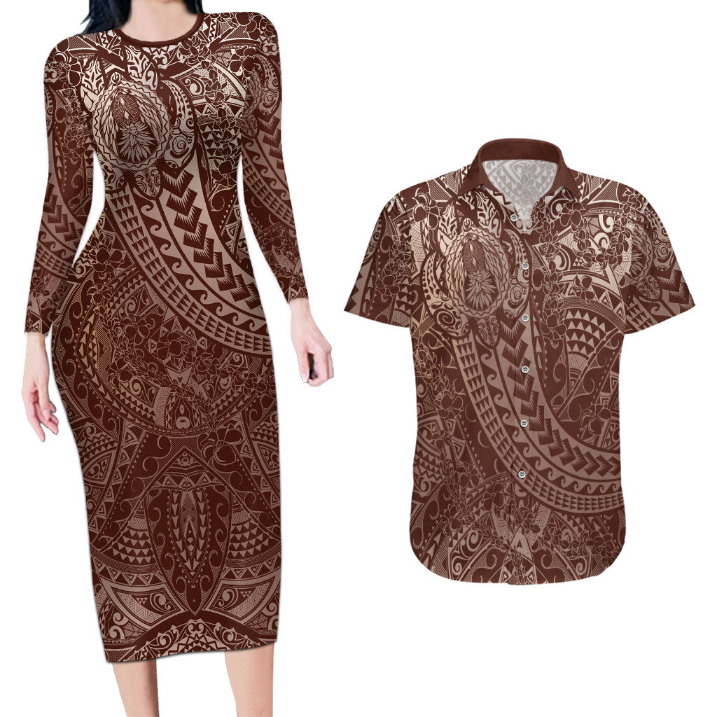 Hawaiian Turtles and Leis Couples Matching Long Sleeve Bodycon Dress and Hawaiian Shirt Tribal Kakau Pattern Mocha Mousse Color