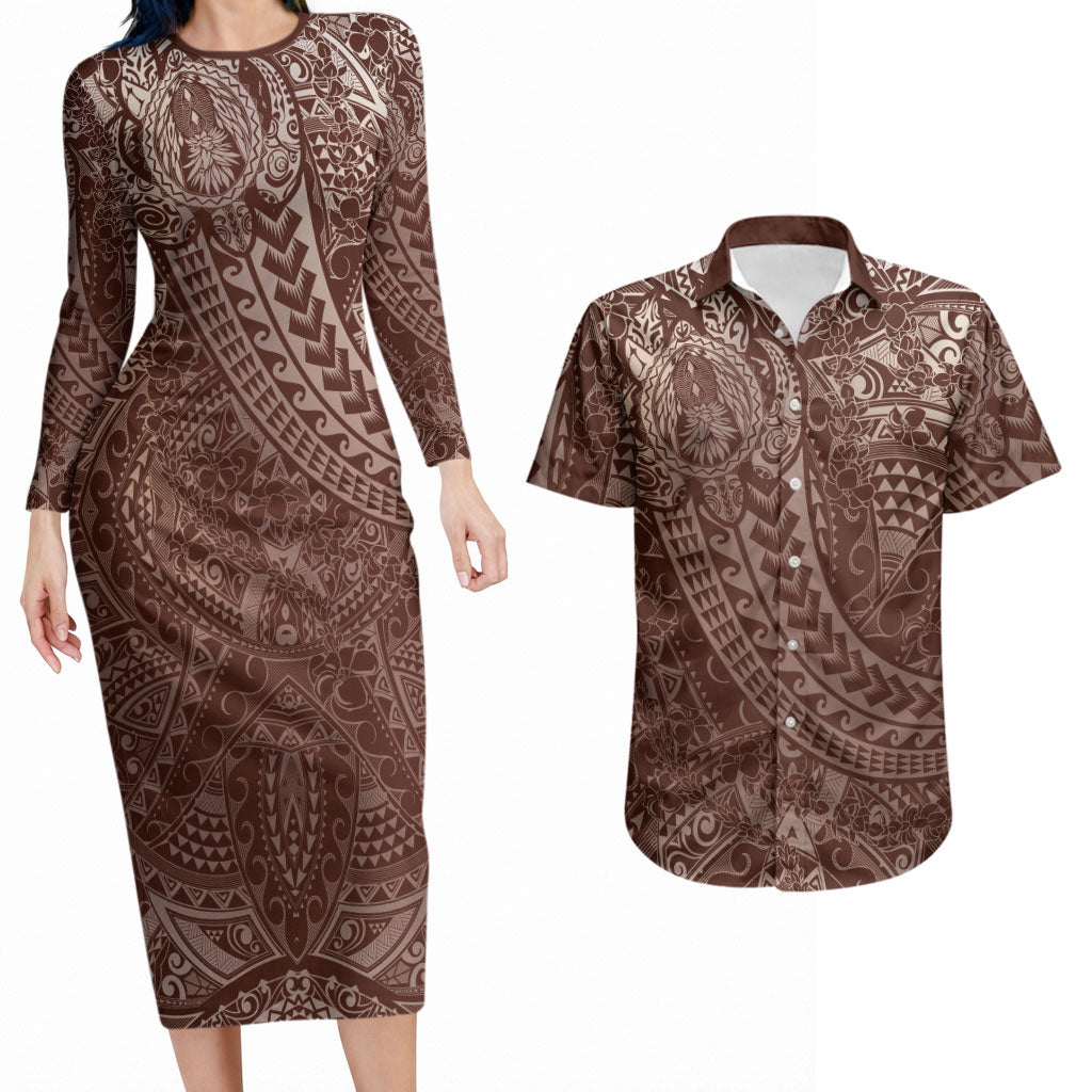 Hawaiian Turtles and Leis Couples Matching Long Sleeve Bodycon Dress and Hawaiian Shirt Tribal Kakau Pattern Mocha Mousse Color LT03 Mocha Mousse - Polynesian Pride