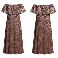 Hawaiian Turtles and Leis Couples Matching Off Shoulder Maxi Dress and Hawaiian Shirt Tribal Kakau Pattern Mocha Mousse Color LT03 - Polynesian Pride