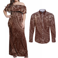 Hawaiian Turtles and Leis Couples Matching Off Shoulder Maxi Dress and Long Sleeve Button Shirt Tribal Kakau Pattern Mocha Mousse Color