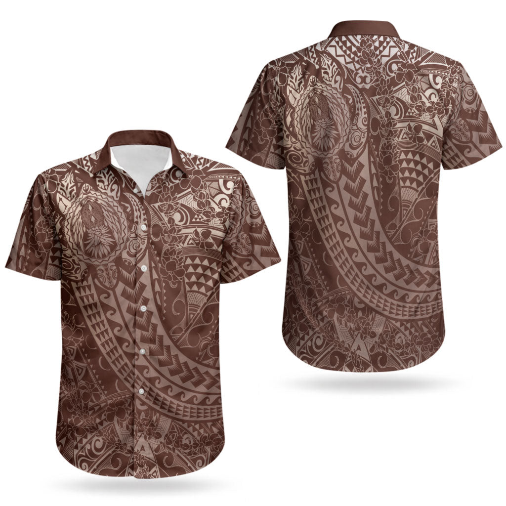 Hawaiian Turtles and Leis Couples Matching Off Shoulder Short Dress and Hawaiian Shirt Tribal Kakau Pattern Mocha Mousse Color LT03 - Polynesian Pride