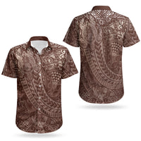 Hawaiian Turtles and Leis Couples Matching Off Shoulder Short Dress and Hawaiian Shirt Tribal Kakau Pattern Mocha Mousse Color LT03 - Polynesian Pride
