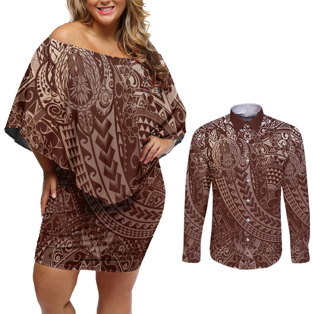 Hawaiian Turtles and Leis Couples Matching Off Shoulder Short Dress and Long Sleeve Button Shirt Tribal Kakau Pattern Mocha Mousse Color