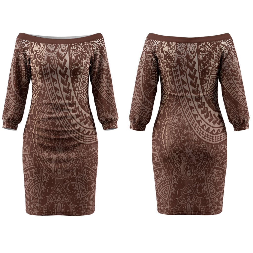 Hawaiian Turtles and Leis Couples Matching Off The Shoulder Long Sleeve Dress and Hawaiian Shirt Tribal Kakau Pattern Mocha Mousse Color LT03 - Polynesian Pride