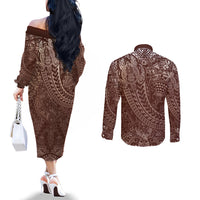Hawaiian Turtles and Leis Couples Matching Off The Shoulder Long Sleeve Dress and Long Sleeve Button Shirt Tribal Kakau Pattern Mocha Mousse Color